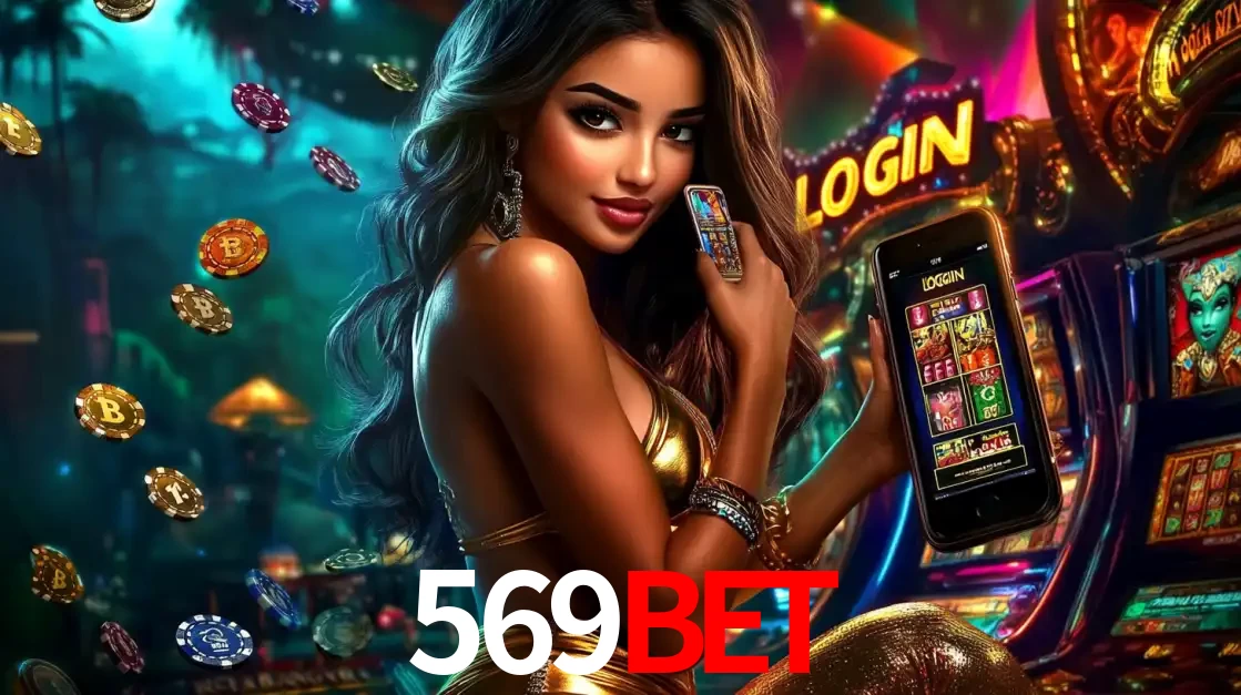 Mulher em um cenário de cassino temático de aventura, mostrando o app de caça-níqueis da 569bet no celular. Fichas de apostas flutuam ao redor.