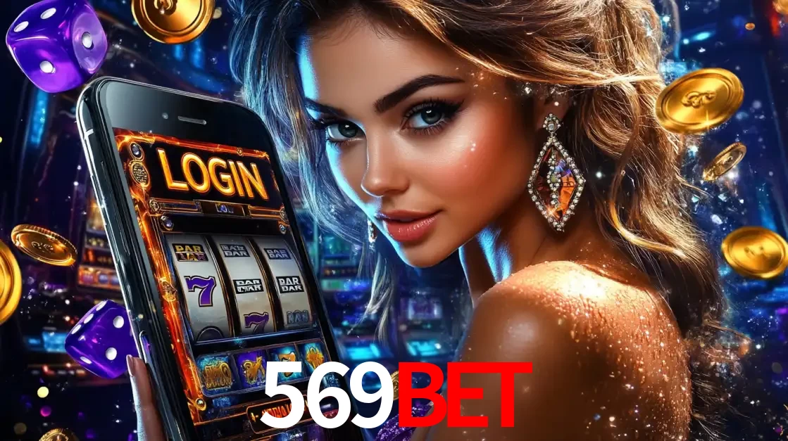 Mulher glamorosa segurando um smartphone com a tela de login para os jogos de caça-níqueis do cassino online 569bet, com moedas de ouro e dados ao redor.
