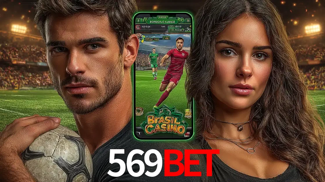 Homem segurando uma bola de futebol e uma mulher ao lado de um smartphone exibindo o jogo de apostas esportivas da 569bet. Faça seu palpite no cassino online.